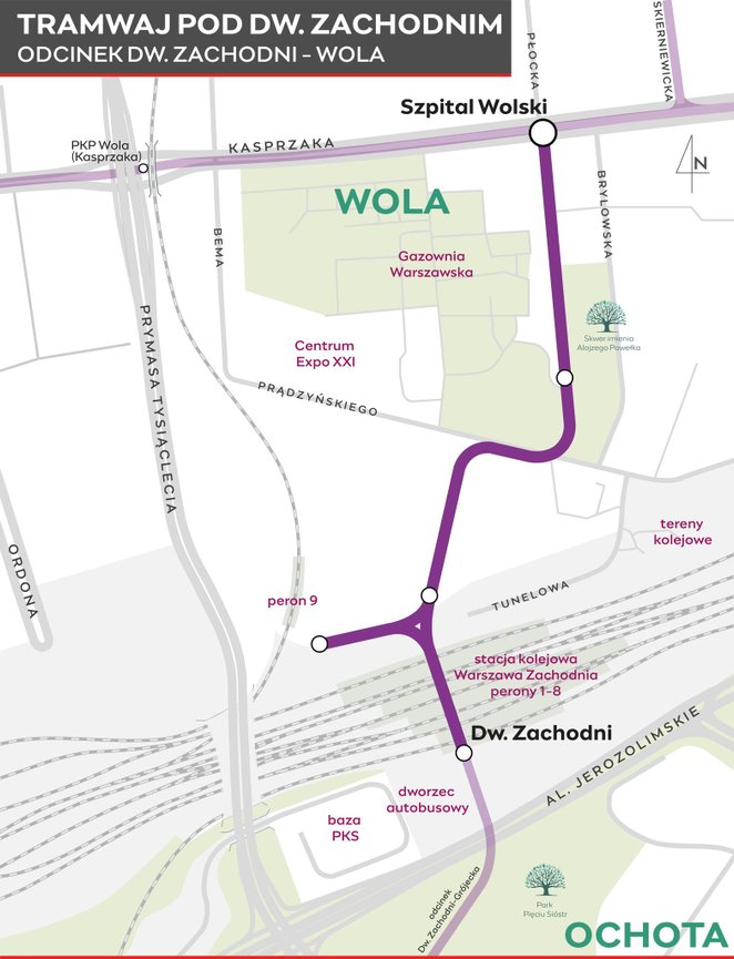 Przebieg projektowanej trasy tramwajowej Dworzec Zachodni - Kasprzaka