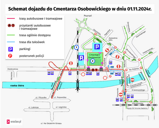Schemat dojazdu do Cmentarza Osobowickiego 1 listopada 2024 roku - wroclaw.pl