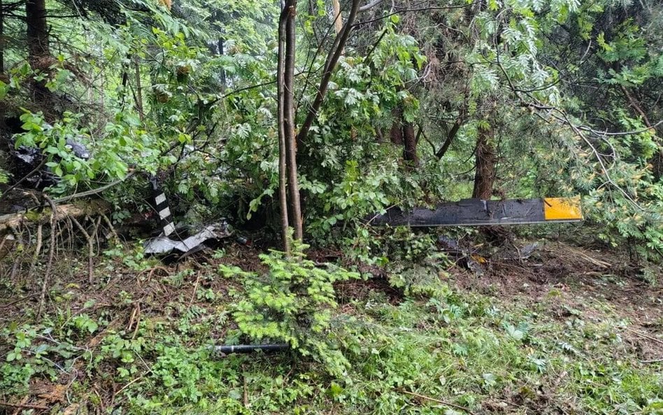 Miejsce odnalezienia wraku śmigłowca Robinson na zboczach góry Lubogoszcz w Beskidzie Wyspowym