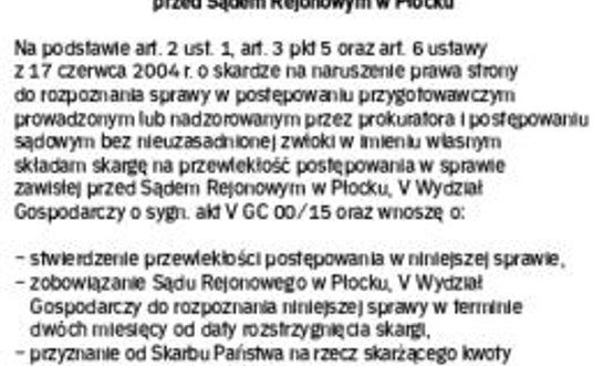 Wzór skargi przedsiębiorcy na przewlekłość postępowania sądowego