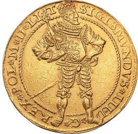 10 dukatów Zygmunta III Wazy. Monety wielodukatowe, nazywane portugałami, należą do najdroższych. Eg