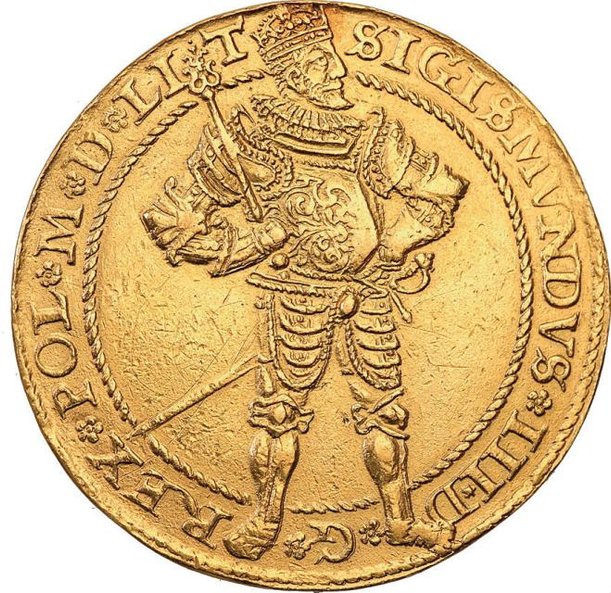 10 dukatów Zygmunta III Wazy. Monety wielodukatowe, nazywane portugałami, należą do najdroższych. Eg