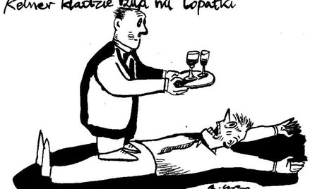 Komentarz rysunkowy. Kelner kładzie rząd na łopatki