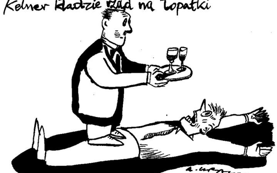 Komentarz rysunkowy. Kelner kładzie rząd na łopatki
