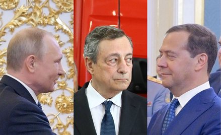 Prezydent Rosji Władimir Putin, włoski premier Mario Draghi i wiceprzewodniczący rosyjskiej Rady Bez