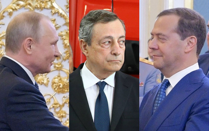 Prezydent Rosji Władimir Putin, włoski premier Mario Draghi i wiceprzewodniczący rosyjskiej Rady Bez