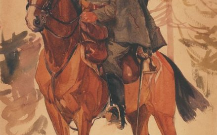 Jan Gumowski, Legionista Jan Kanty Nycz na koniu, Wołyń 1. 03. 1916, akwarela, papier, wł. Muzeum Wo