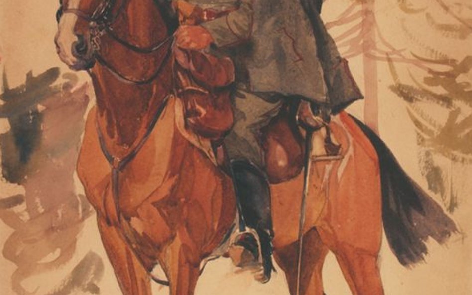 Jan Gumowski, Legionista Jan Kanty Nycz na koniu, Wołyń 1. 03. 1916, akwarela, papier, wł. Muzeum Wo
