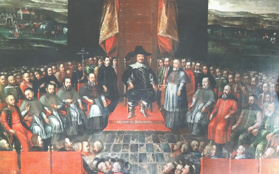 Sąd nad arianami (plafon z Pałacu Biskupów Krakowskich w Kielcach). W 1638 r. braci polskich z Rakow