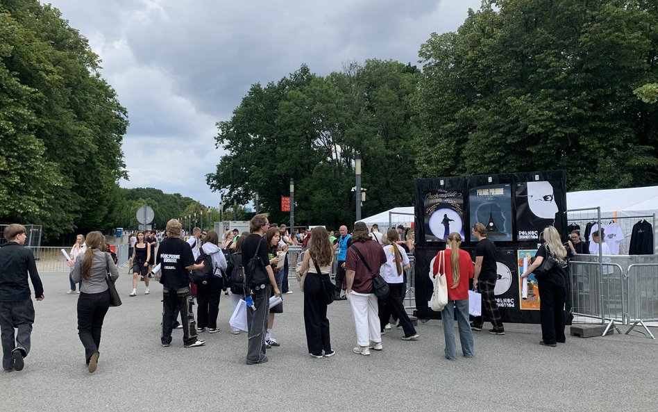 Duża kolejka fanów ustawiająca się do stoiska z gadżetami artysty