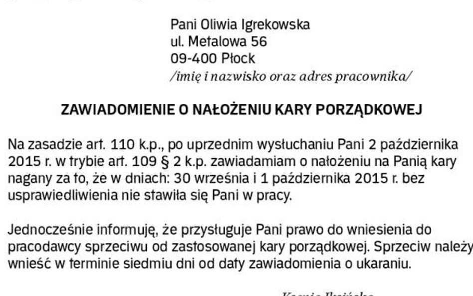 Przykład zawiadomienia o nałożeniu nagany za nieusprawiedliwioną nieobecność w pracy