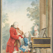 Grający na skrzypcach Leopold Mozart oraz grający na klawesynie Wolfgang Amadeusz Mozart asystują śp