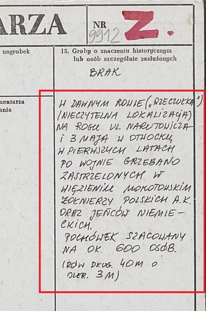 Fragment Karty Cmentarza z adnotacją dotyczącą pochówków żołnierzy AK i ofiar mokotowskiego więzieni
