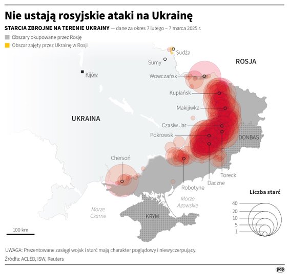 Intensywność starć na ukraińskim froncie (dane za okres 7 lutego - 7 marca 2025)