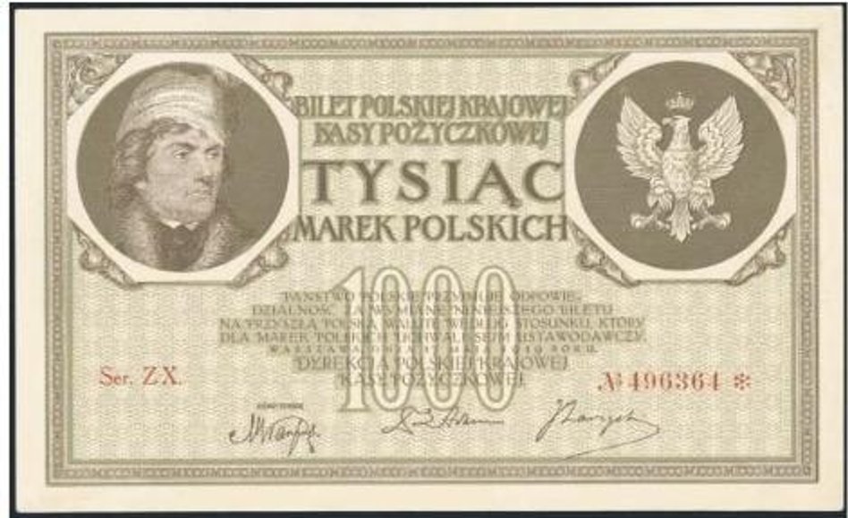 Jeden z pierwszych banknotów emitowanych po odzyskaniu niepod­ległości w 1918 roku.