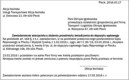 Wzór zawiadomienia wierzyciela o złożeniu przedmiotu świadczenia do depozytu sądowego