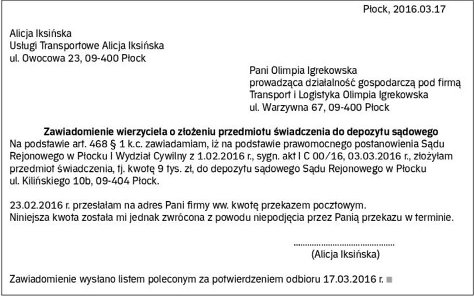 Wzór zawiadomienia wierzyciela o złożeniu przedmiotu świadczenia do depozytu sądowego