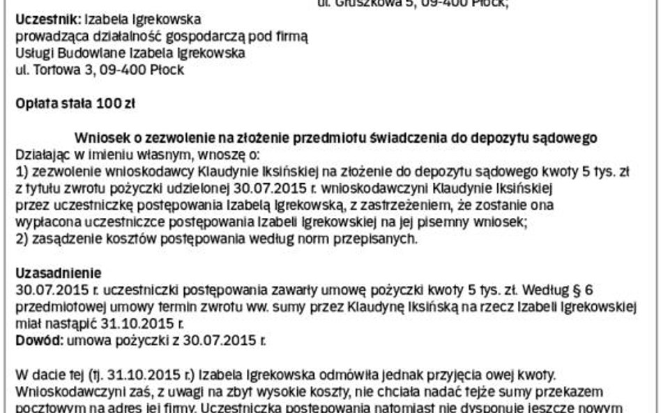 Wzór wniosku o zezwolenie na złożenie przedmiotu świadczenia do depozytu sądowego