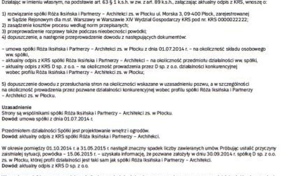 Wzór pozwu o rozwiązanie spółki partnerskiej