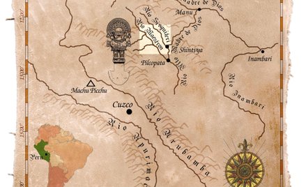 Mapka z oznaczonym terenem, gdzie przypuszczalnie może znajdować się Paititi, czyli zaginione Eldora