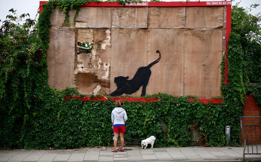 Szósta z cyklu prac artysty: kot przeciągający się na zniszczonym nośniku reklamowym w północnym Lon