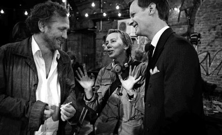 Urszula Antoniak z Andrzejem Chyrą i Christianem Löberem na planie „Pomiędzy słowami”