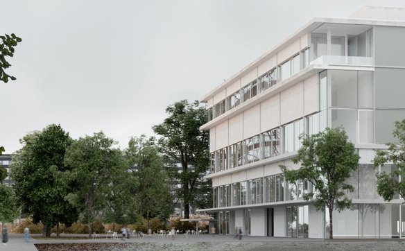 Wizualizacja budynku z osi kampusu w kierunku południowym