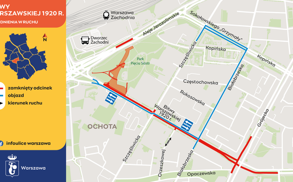 Mapa utrudnień w ruchu na Ochocie