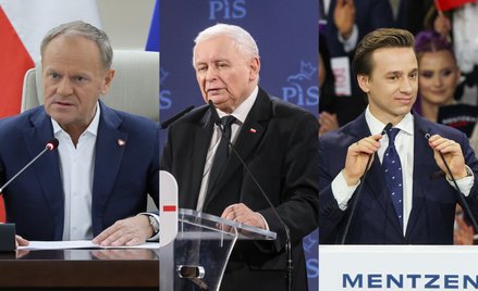 Donald Tusk (KO), Jarosław Kaczyński (PiS) i Krzysztof Bosak (Konfederacja)