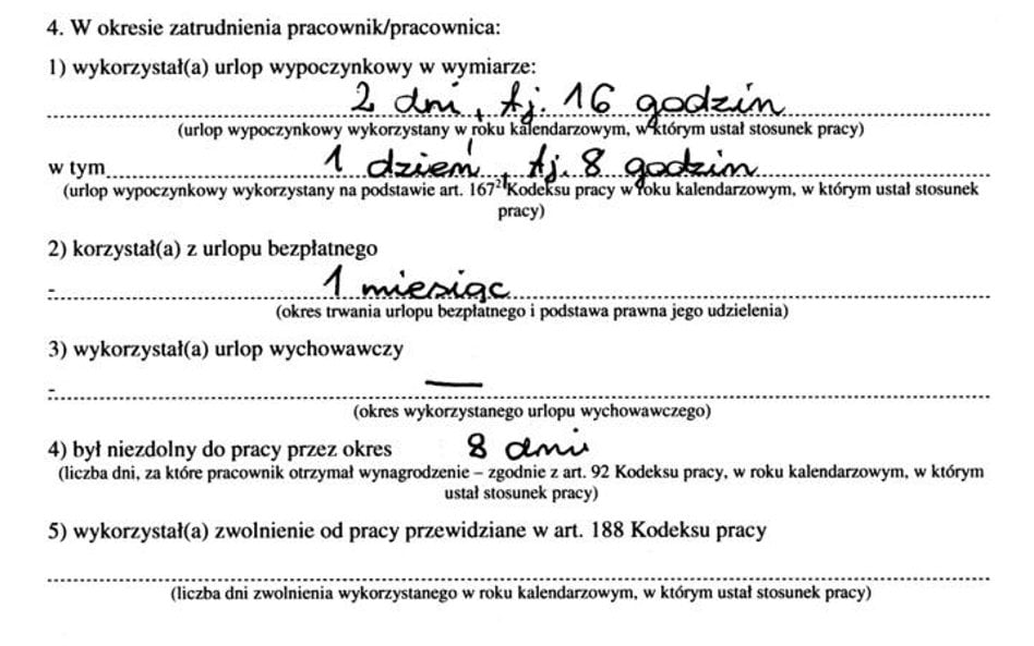 W świadectwie pracy podajemy informacje z bieżącego roku