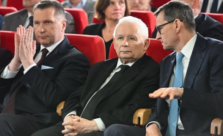 Członkowie kierownictwa Prawa i Sprawiedliwości, od lewej: Przemysław Czarnek, Jarosław Kaczyński i 