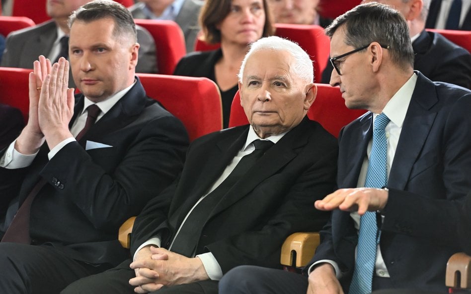 Członkowie kierownictwa Prawa i Sprawiedliwości, od lewej: Przemysław Czarnek, Jarosław Kaczyński i 