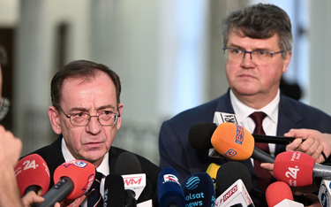 Mariusz Kamiński i Maciej Wąsik podczas konferencji prasowej w Sejmie w Warszawie