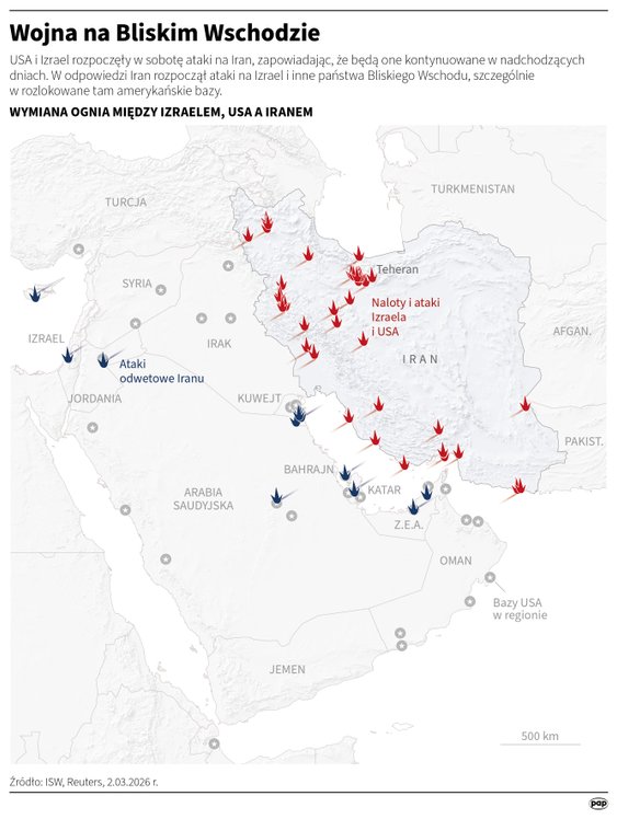 Ataki USA i Izrael na Iran i odwetowe ataki Iranu na cele na Bliskim Wschodzie (stan na 2 marca)