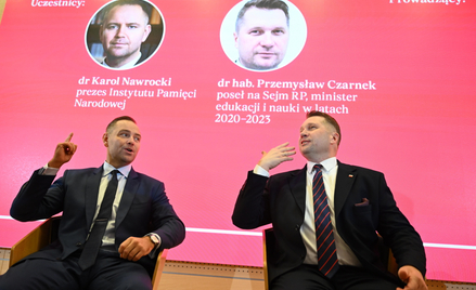 Prezes IPN Karol Nawrocki i poseł PiS Przemysław Czarnek podczas panelu dyskusyjnego "Dorobek i pers