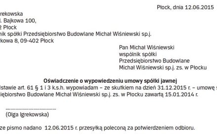 Wzór nr 1 oświadczenia o wypowiedzeniu umowy spółki jawnej