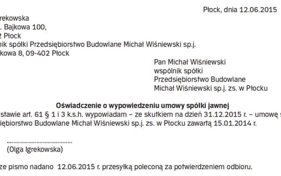 Wzór nr 1 oświadczenia o wypowiedzeniu umowy spółki jawnej