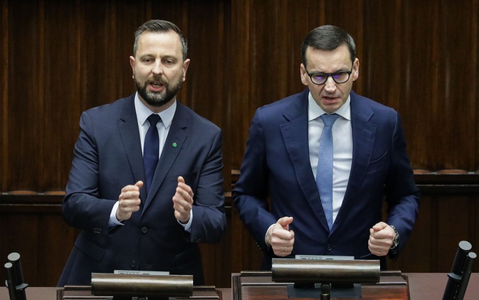 Wicepremier Władysław Kosiniak-Kamysz (PSL) i były premier Mateusz Morawiecki (PiS) w Sejmie