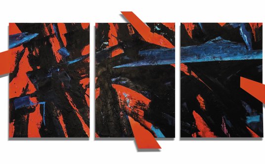 Andrzej Lichota, „Corrida Requiem. Tryptyk”, 200 x 406 cm, olej na płótnie i metal, 2020 r