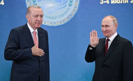 Erdogan i Putin na szczycie Szanghajskiej Organizacji Współpracy w Astanie, lipiec 2024