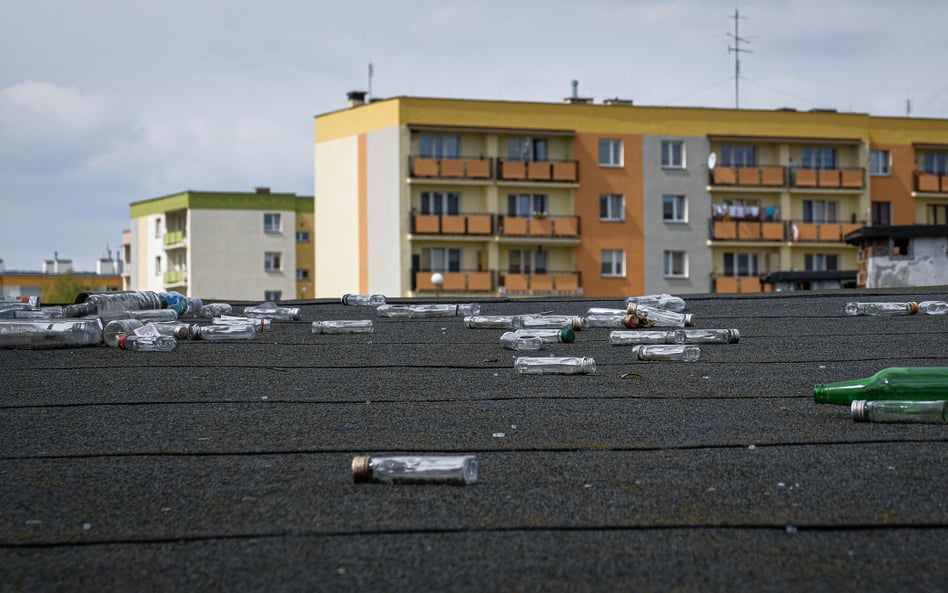 Butelki po alkoholu leżące na dachu zabudowań gospodarczych