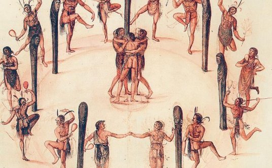 Jedna z akwareli Johna White’a przedstawiająca Indian z Roanoke