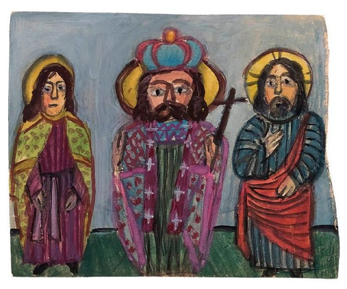 Akwarela Nikifora z postaciami świętych.