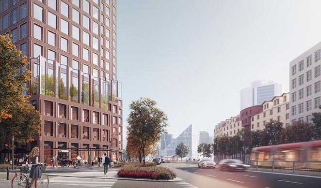 Sobieski Tower to kaskadowo ukształtowana bryła, obniżająca się w kierunku Grójeckiej i stojącego po