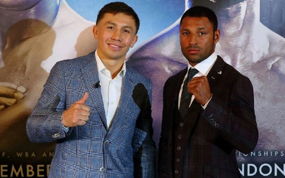 Giennadij Gołowkin (z lewej) i Kell Brook podczas prezentacji. Po walce Anglik tak dobrze już raczej