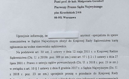 Pismo Wiesława Johanna do Małgorzaty Gersdorf