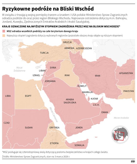 Ostrzeżenia MSZ dotyczące państw na Bliskim Wschodzie