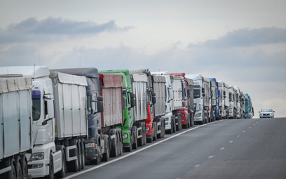 Kolejka ciężarówek wyładowanych zbożem czekających na wjazd do Rumunii