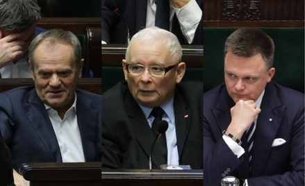 Premier Donald Tusk, prezes PiS Jarosław Kaczyński, marszałek Sejmu Szymon Hołownia