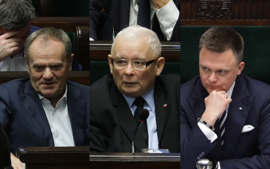 Premier Donald Tusk, prezes PiS Jarosław Kaczyński, marszałek Sejmu Szymon Hołownia